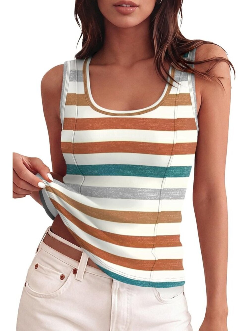 Women's orange Striped Tank Top Ribbed Scoop Neck Slim Fit Sleeveless